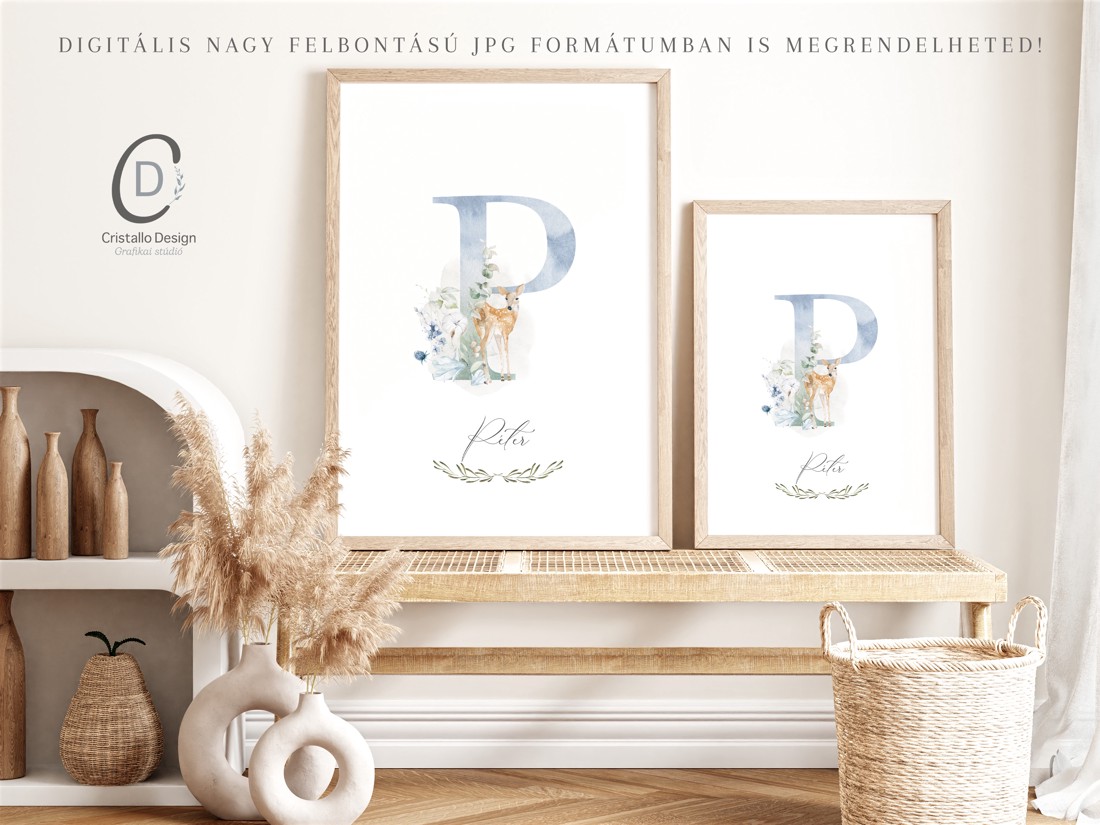 Scrisoare P, monogramă, imagine pentru ziua numelui, decor, decalaj de perete cu verdeață, poster cu animale din pădure -  - Artynos.ro