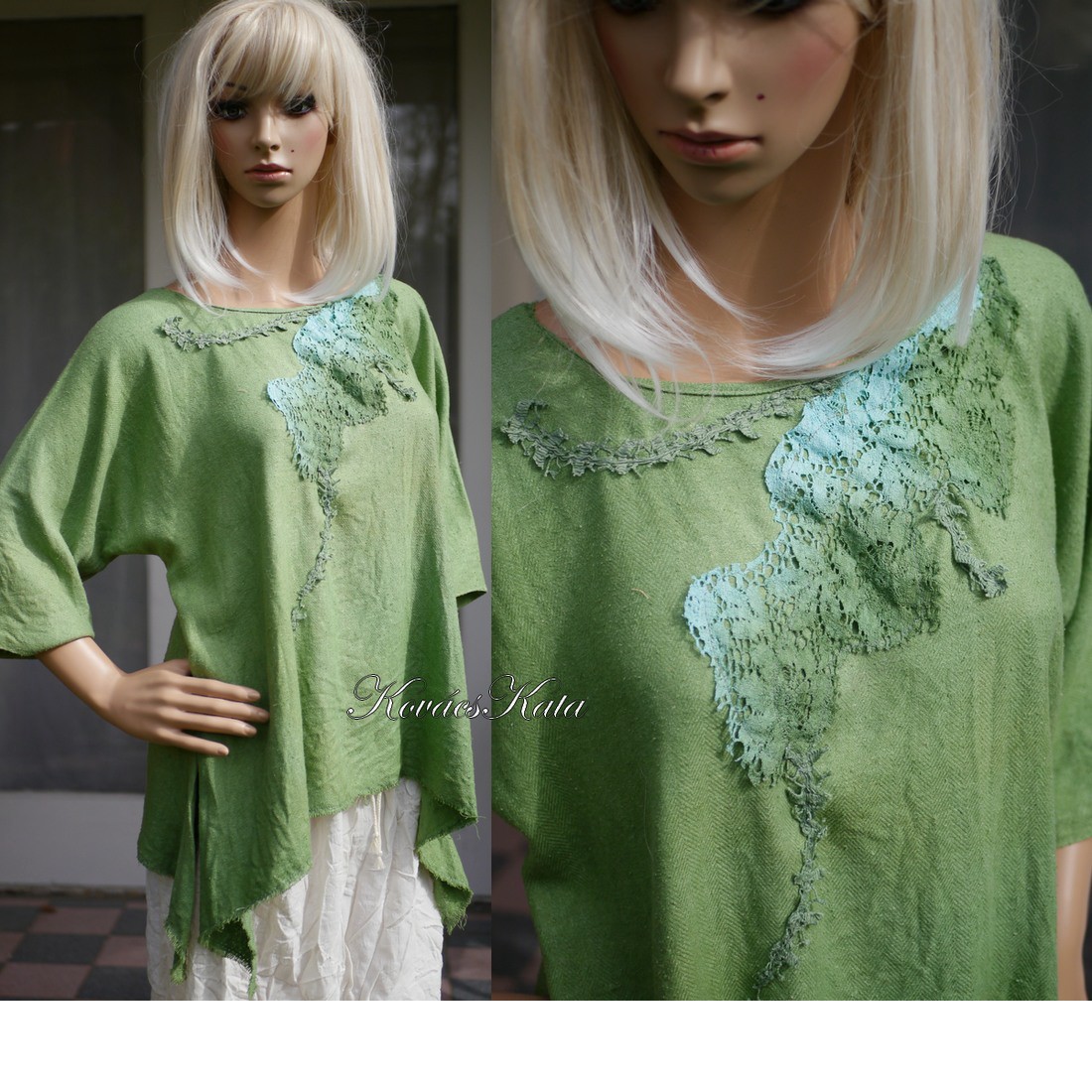 BURETT TUNIKA / verde salcie - arty dantelă aplicat manual pictate bluza de design - îmbrăcăminte și modă - haine damă - tunică - Artynos.ro