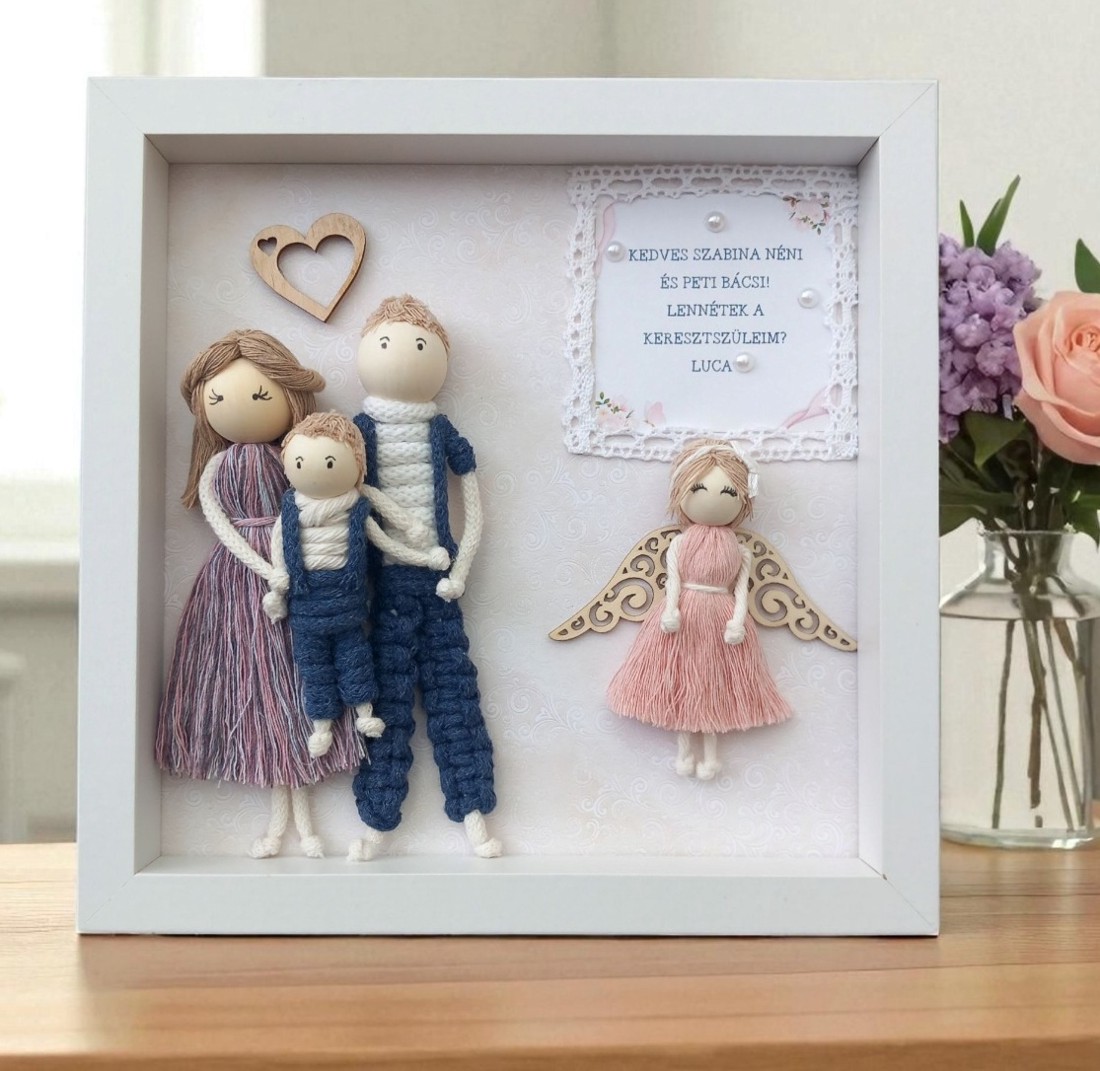 Invitație personalizată pentru nași cu imagine 3D - înger macramé cu decor elegant -  - Artynos.ro