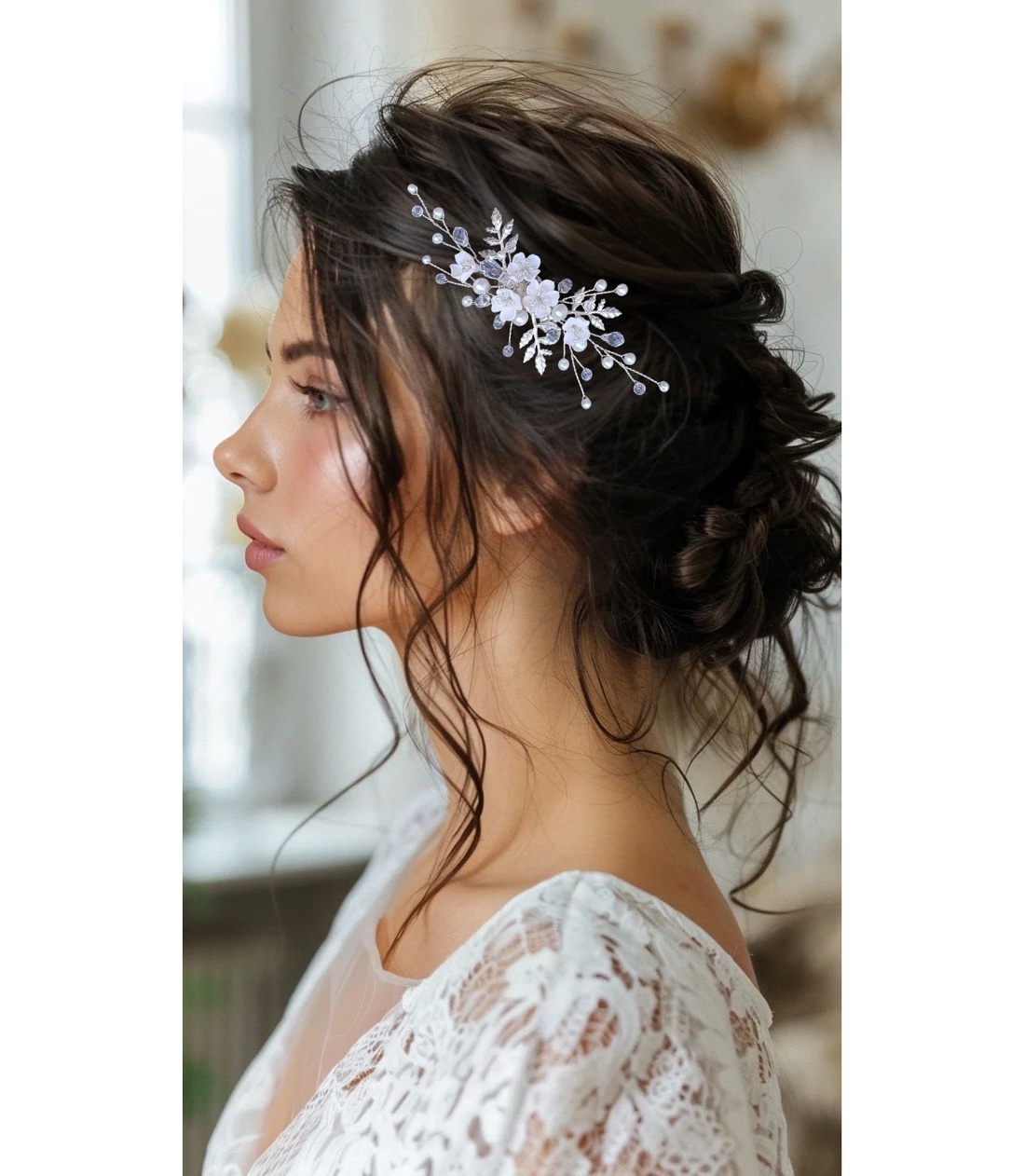 Pieptan mireasa floral - accesorii nuntă - ornamente de păr de nuntă - accesorii păr nuntă - Artynos.ro