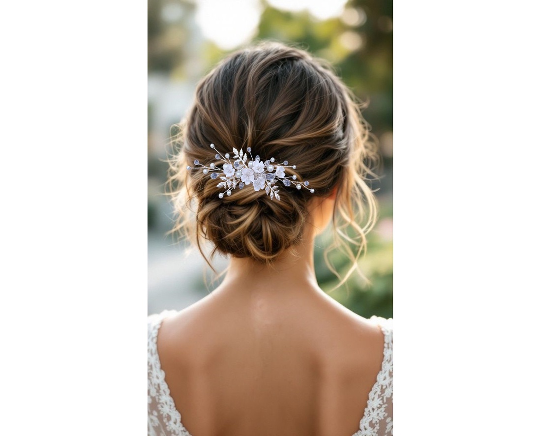 Pieptan mireasa floral - accesorii nuntă - ornamente de păr de nuntă - accesorii păr nuntă - Artynos.ro