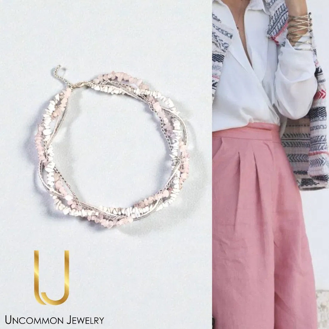 Colier scurt, realizat din Howlite si Cuart roz - bijuterii - coliere - coliere cu multiple șiruri - Artynos.ro