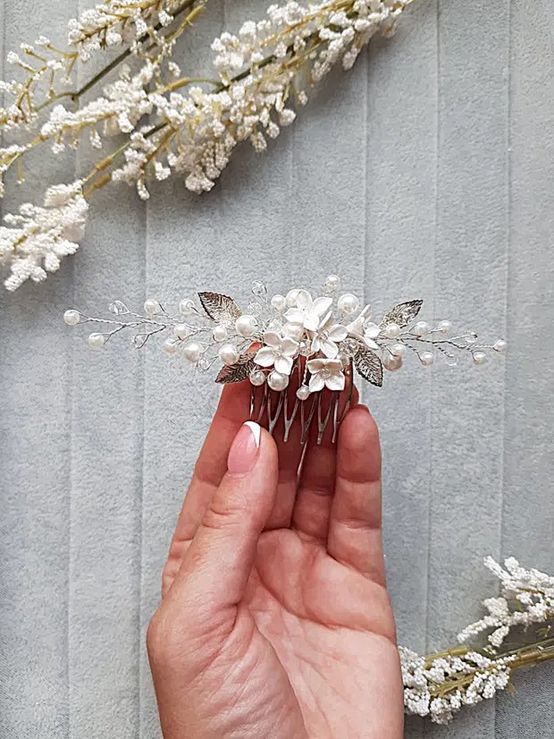 Pieptan mireasa floral - accesorii nuntă - ornamente de păr de nuntă - accesorii păr nuntă - Artynos.ro