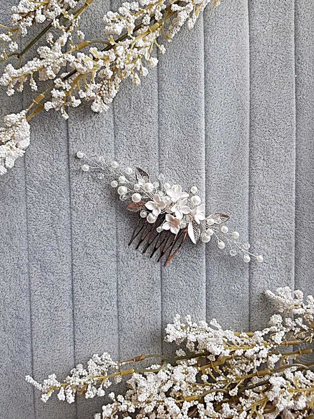 Pieptan mireasa floral - accesorii nuntă - ornamente de păr de nuntă - accesorii păr nuntă - Artynos.ro