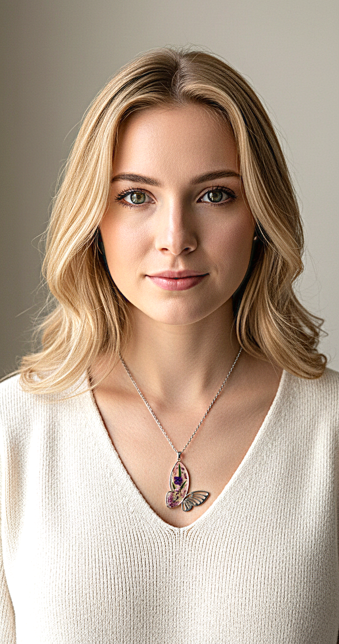 Colier cu pandantiv fluture, decorat cu flori naturale - bijuterii - coliere - coliere cu pandative - Artynos.ro