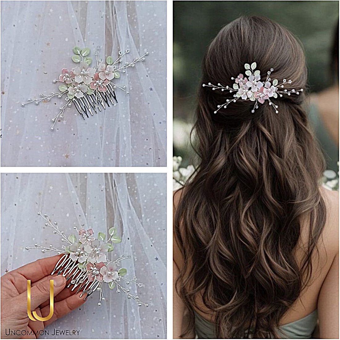 Pieptan mireasa floral - accesorii nuntă - ornamente de păr de nuntă - accesorii păr nuntă - Artynos.ro