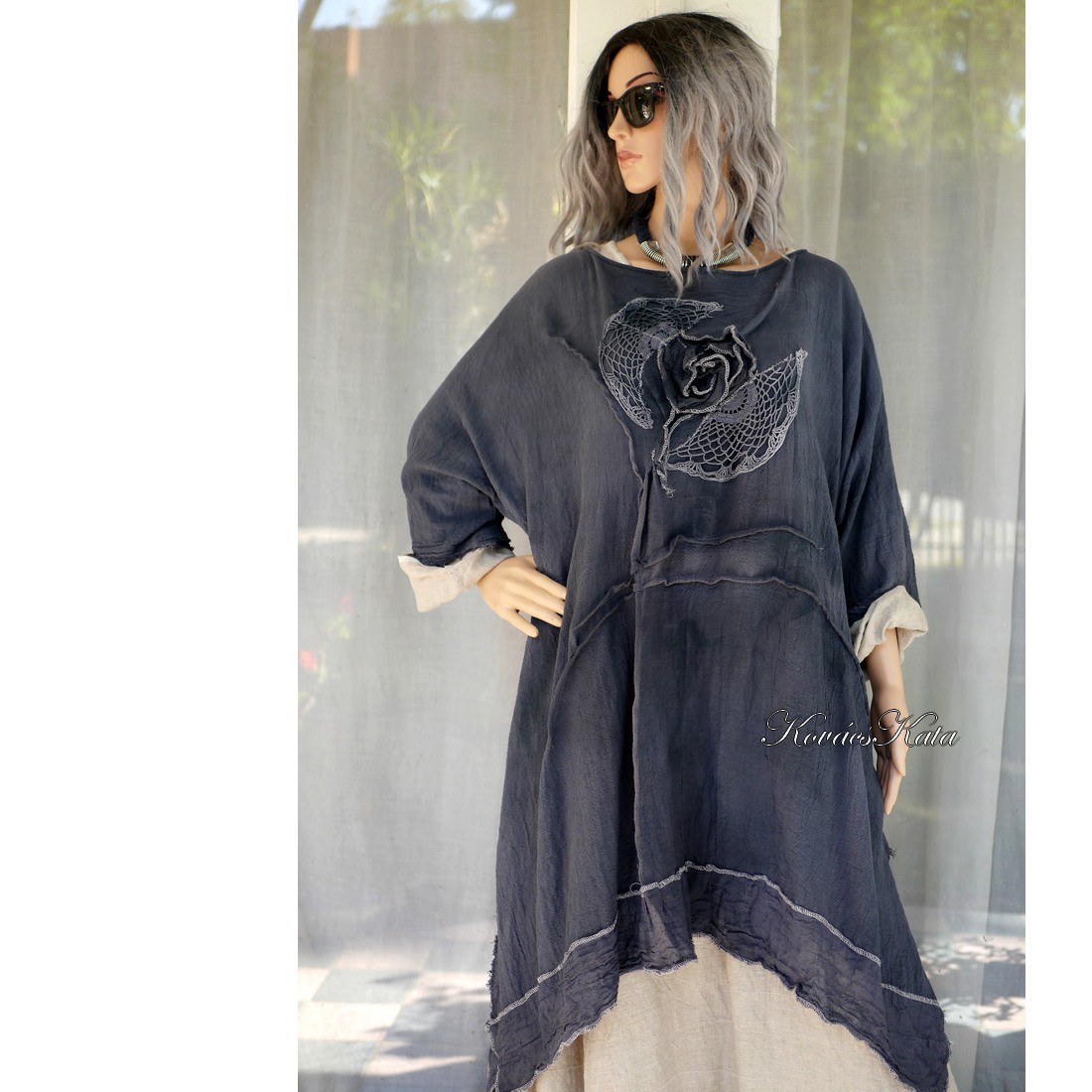 SHABBY ROSE - tunică artsy cu aplicații / antracit - îmbrăcăminte și modă - haine damă - tunică - Artynos.ro