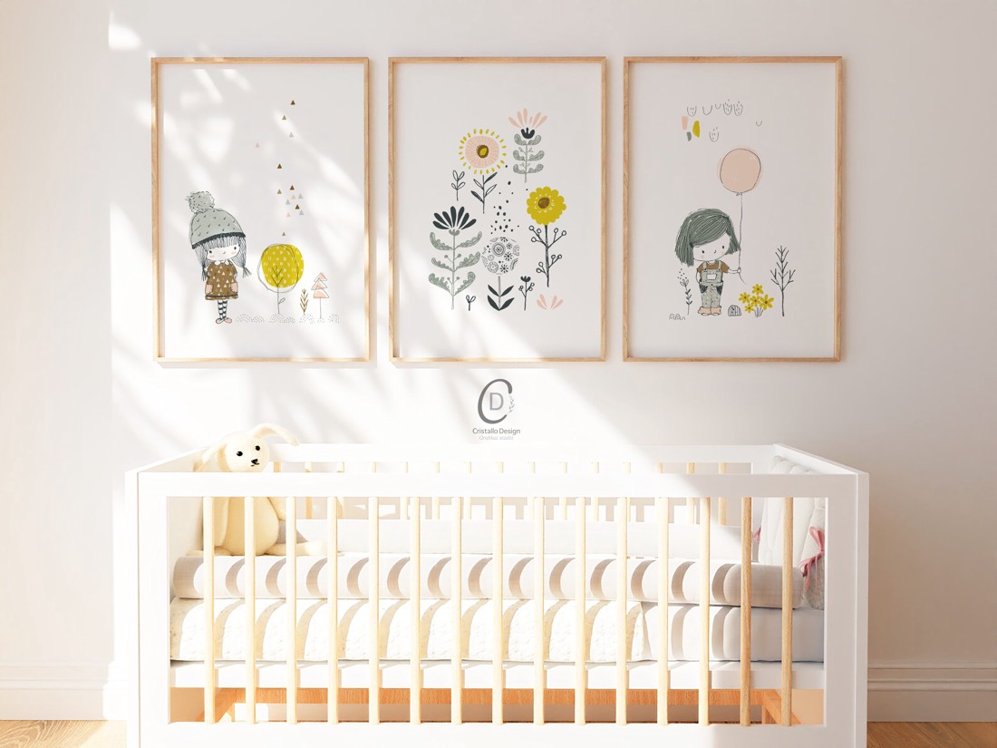 Fată cu baloane artă de perete, poster scandinav, cameră pentru copii set de artă de perete 3 piese -  - Artynos.ro