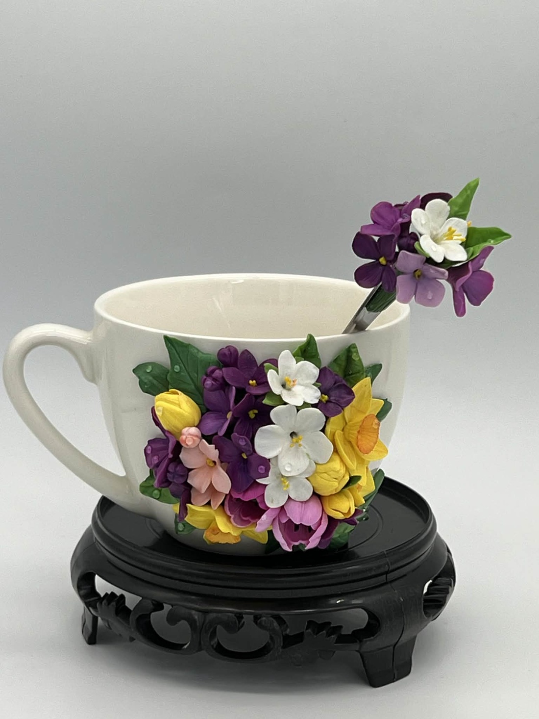 Ceasca ceramica si lingurita- decorate cu lut polimeric - casă & stil de viață - echipamente de bucătărie - accesorii de servire - căni - Artynos.ro