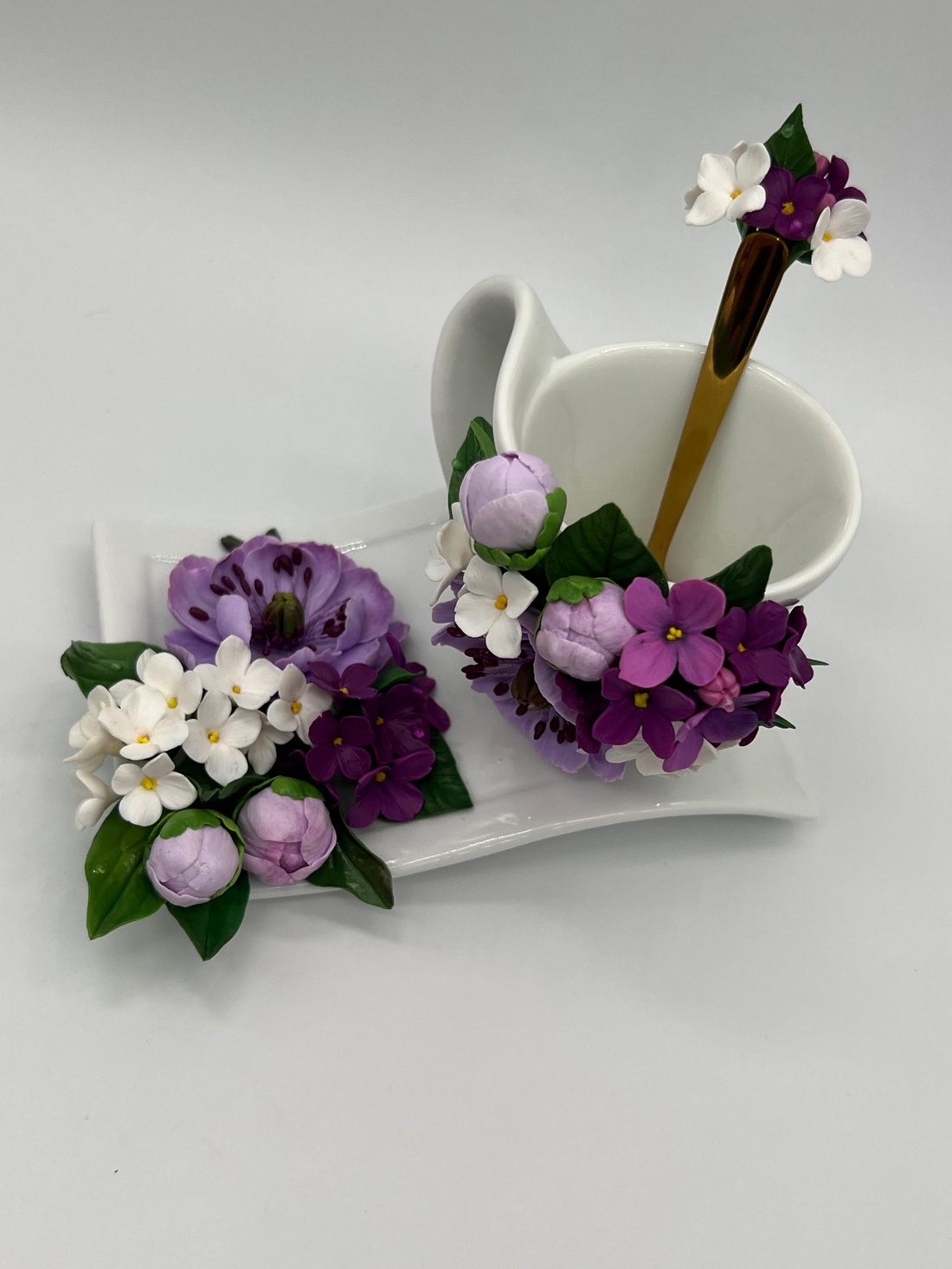 Set espresso decorat cu flori mov din lut polimeric - casă & stil de viață - echipamente de bucătărie - accesorii de servire - căni - Artynos.ro