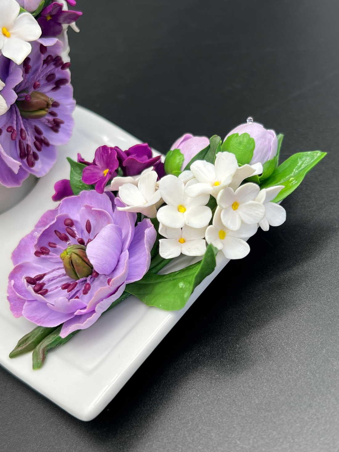 Set espresso decorat cu flori mov din lut polimeric - casă & stil de viață - echipamente de bucătărie - accesorii de servire - căni - Artynos.ro