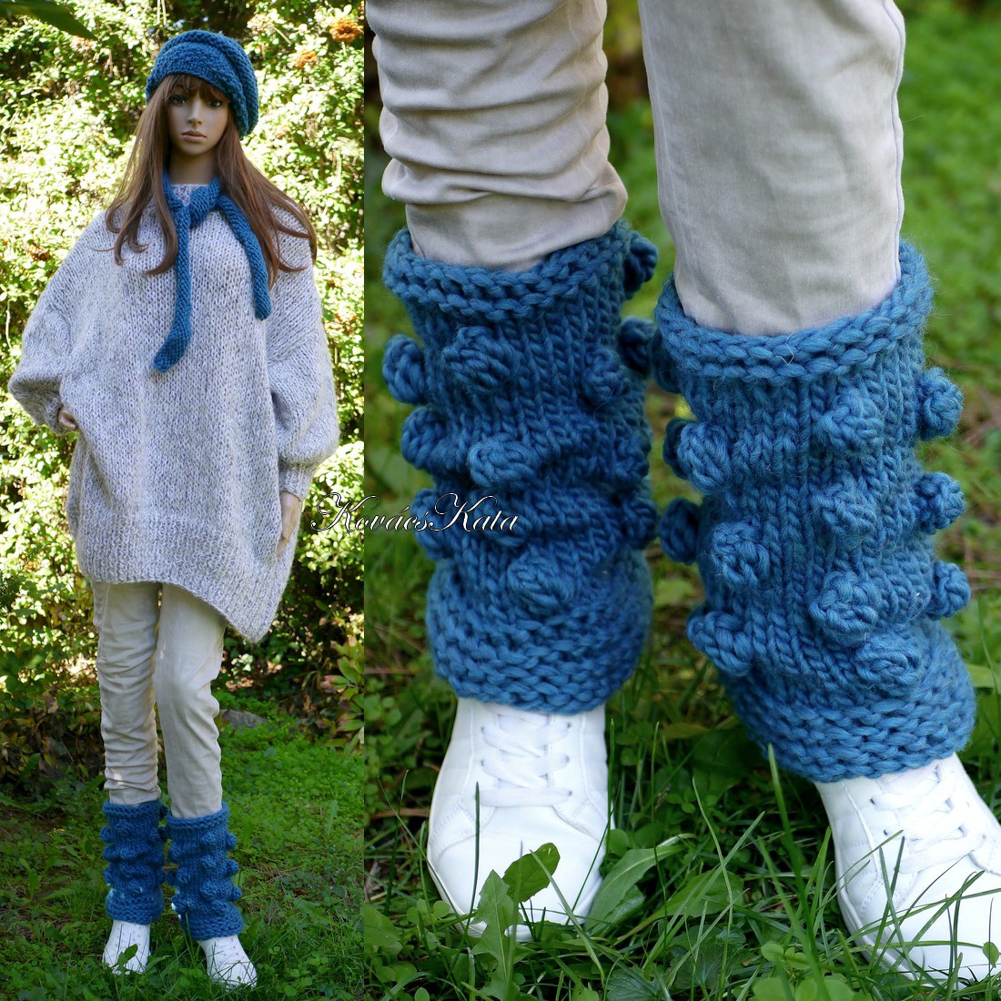 BOHÉM BOGYOS - tricotat manual / albastru - îmbrăcăminte și modă - pantofi, papuci, șosete - încălzitor picioare - Artynos.ro