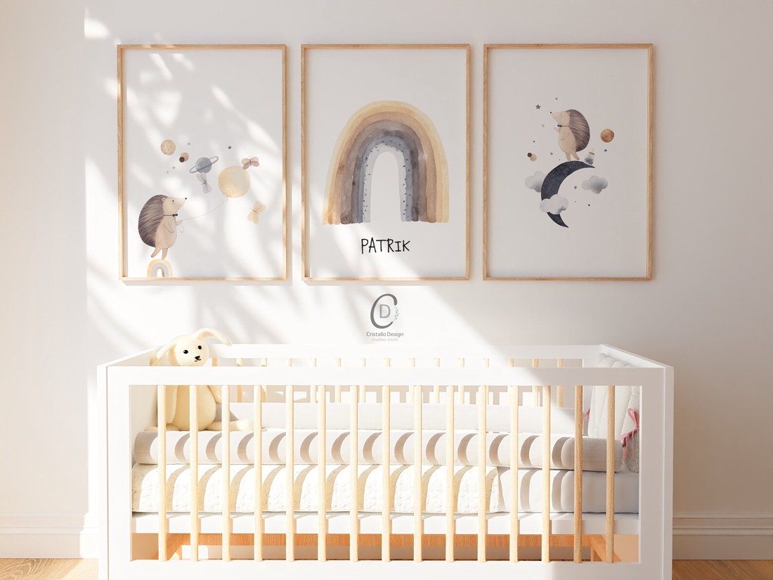 Imagine personalizată pentru camera copiilor, decorațiuni pentru camera bebelușului, arici, lună, curcubeu, artă de perete set de 3 -  - Artynos.ro