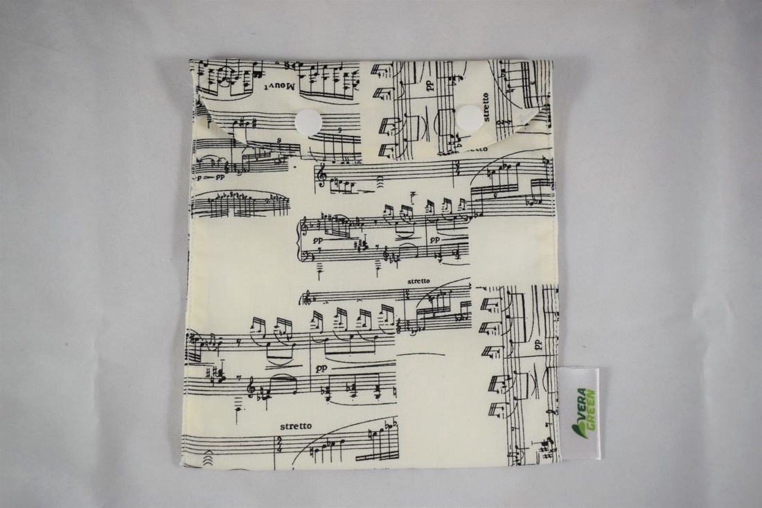Snackbag pentru sandvisuri, merinde, snack, ecologic, no waste, marimea M, cota, note muzicale, alb - geantă și husă - cutie de prânz - pungă și cutie de prânz - Artynos.ro