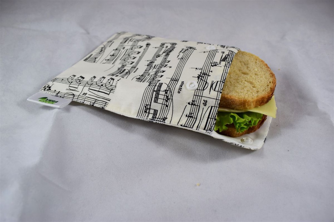 Snackbag pentru sandvisuri, merinde, snack, ecologic, no waste, marimea M, cota, note muzicale, alb - geantă și husă - cutie de prânz - pungă și cutie de prânz - Artynos.ro