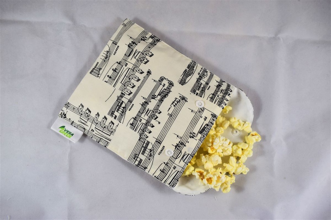 Snackbag pentru sandvisuri, merinde, snack, ecologic, no waste, marimea M, cota, note muzicale, alb - geantă și husă - cutie de prânz - pungă și cutie de prânz - Artynos.ro