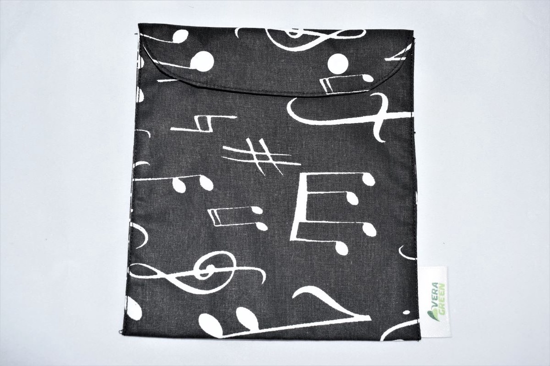 Snackbag pentru sandvisuri, merinde, snack, ecologic, no waste, marimea M, muzica, negru - geantă și husă - cutie de prânz - pungă și cutie de prânz - Artynos.ro