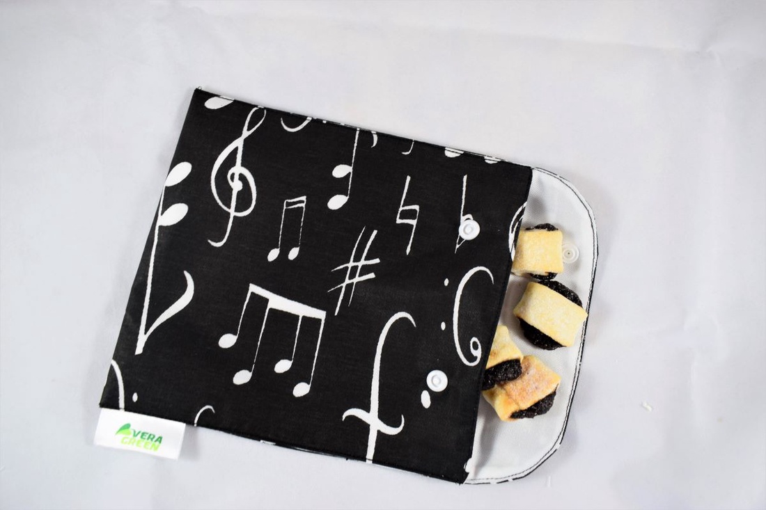 Snackbag pentru sandvisuri, merinde, snack, ecologic, no waste, marimea M, muzica, negru - geantă și husă - cutie de prânz - pungă și cutie de prânz - Artynos.ro