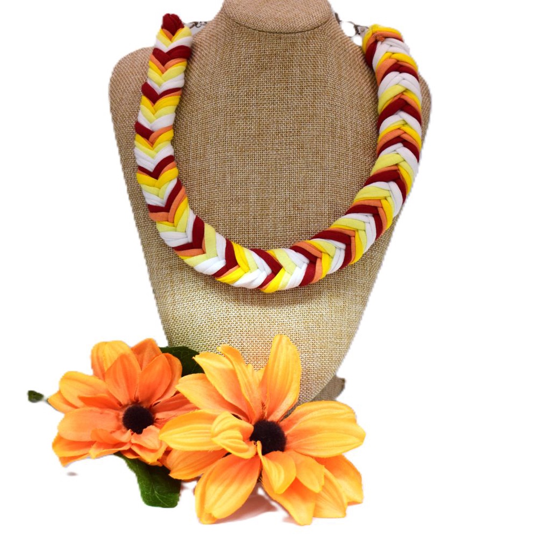 Colier boho din bumbac reciclat, zero waste, impletit, rosu-galben - bijuterii - coliere - coliere cu multiple șiruri - Artynos.ro