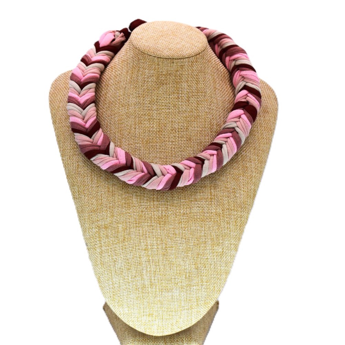 Colier boho din bumbac reciclat, zero waste, impletit, roz-mov - bijuterii - coliere - coliere cu multiple șiruri - Artynos.ro