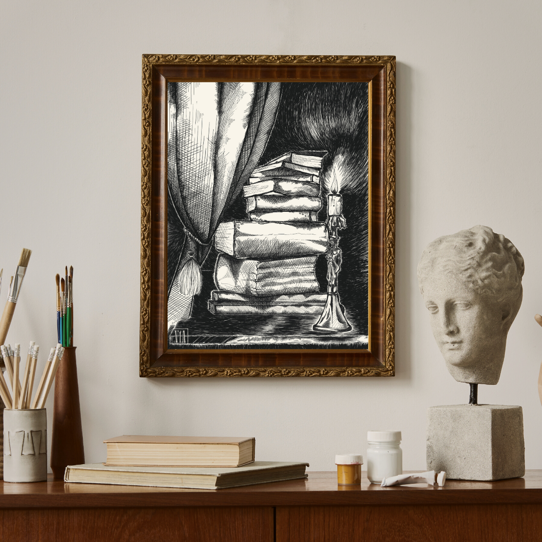 Print de artă Teanc de povești � ilustrație tip tuș reprezentând un teanc de cărți, printată fizic - arte vizuale și accesorii  - grafică, ilustrație - desen cu cerneală - Artynos.ro