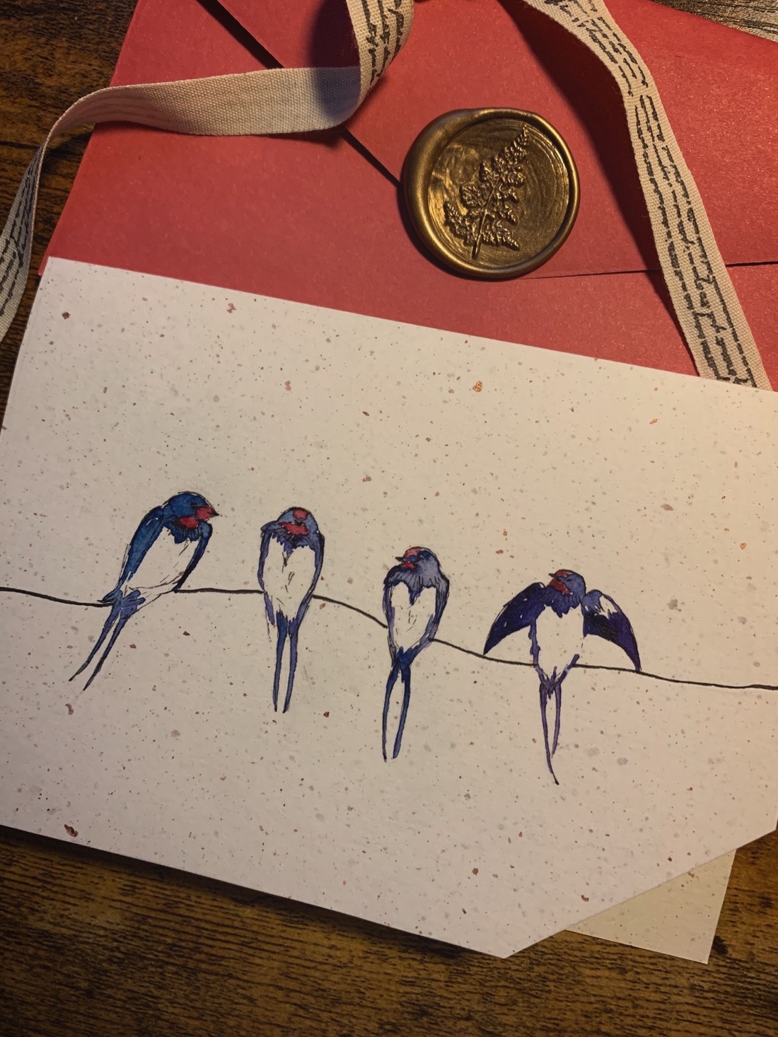 Felicitare ilustrată cu rândunele - felicitare handmade cu păsări ilustrate în acuarelă- felicitare unicat - casă & stil de viață - produse de papetărie - invitații, felicitări - Artynos.ro