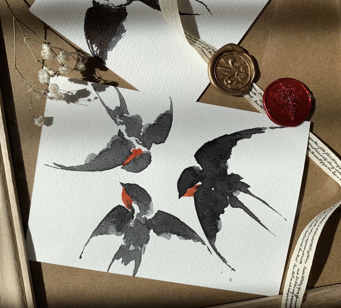 Carte poștală originală ilustrată cu rândunele - handmade păsări ilustrate în acuarelă - casă & stil de viață - produse de papetărie - cărți poștale - Artynos.ro