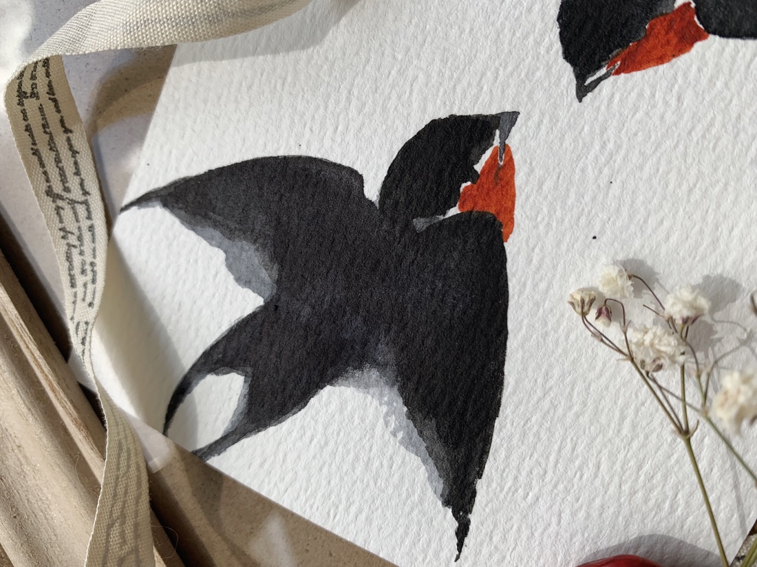 Carte poștală originală ilustrată cu rândunele - handmade păsări ilustrate în acuarelă - casă & stil de viață - produse de papetărie - cărți poștale - Artynos.ro