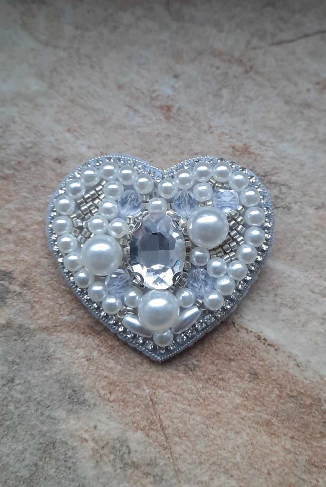 White Pearl and Silver Crystal Heart Brooch  - bijuterii - broșe - Artynos.ro