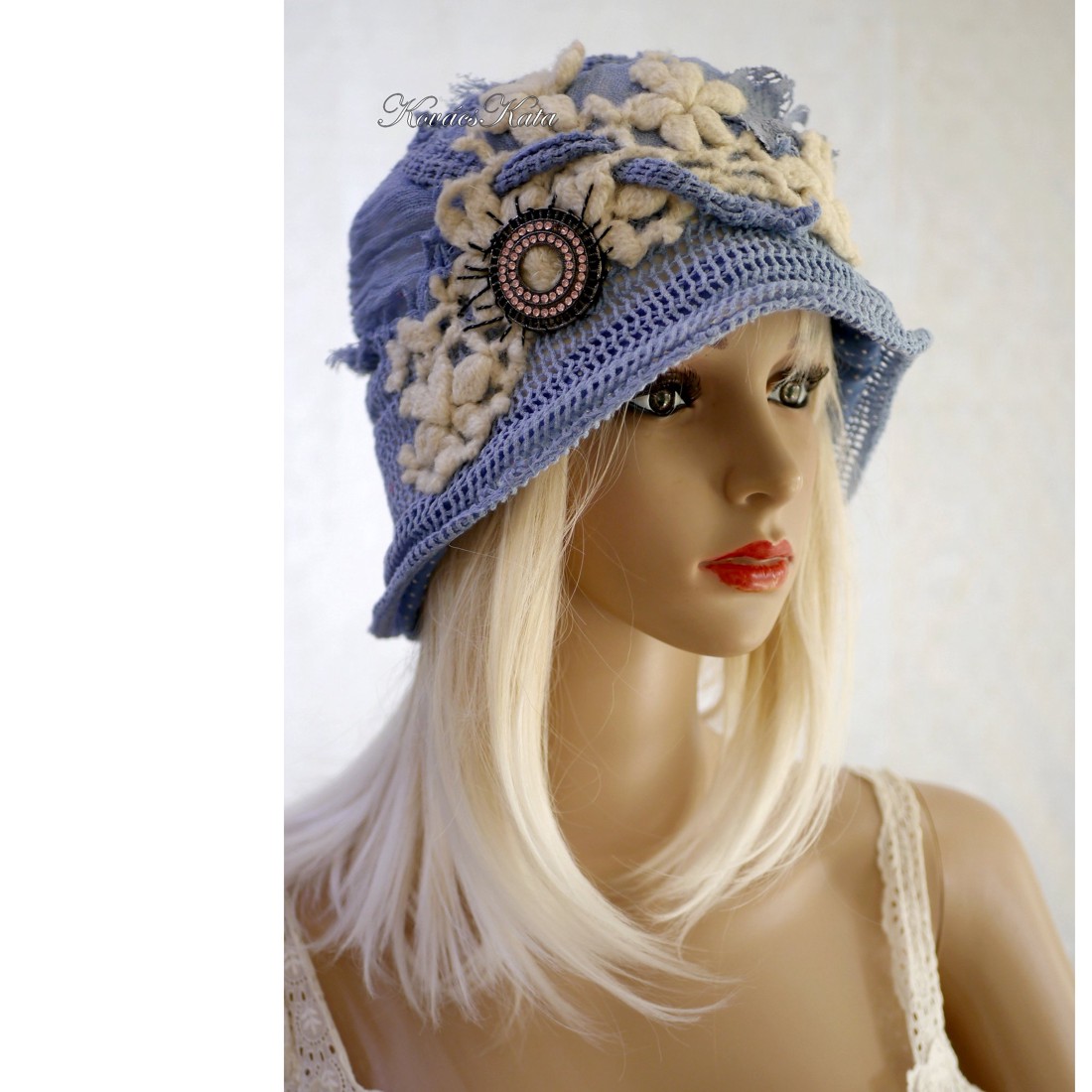 ART DECO - pălărie flapper / albastru cer - îmbrăcăminte și modă - eșarfe, pălării, fularuri - pălărie - Artynos.ro