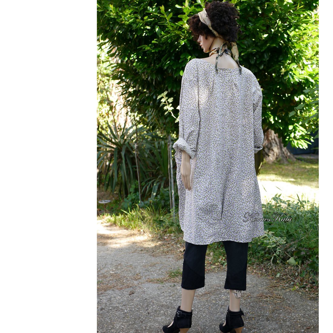 MAILA - rochie tunică din bumbac și in cu design artistic / violet-floral - îmbrăcăminte și modă - haine damă - tunică - Artynos.ro