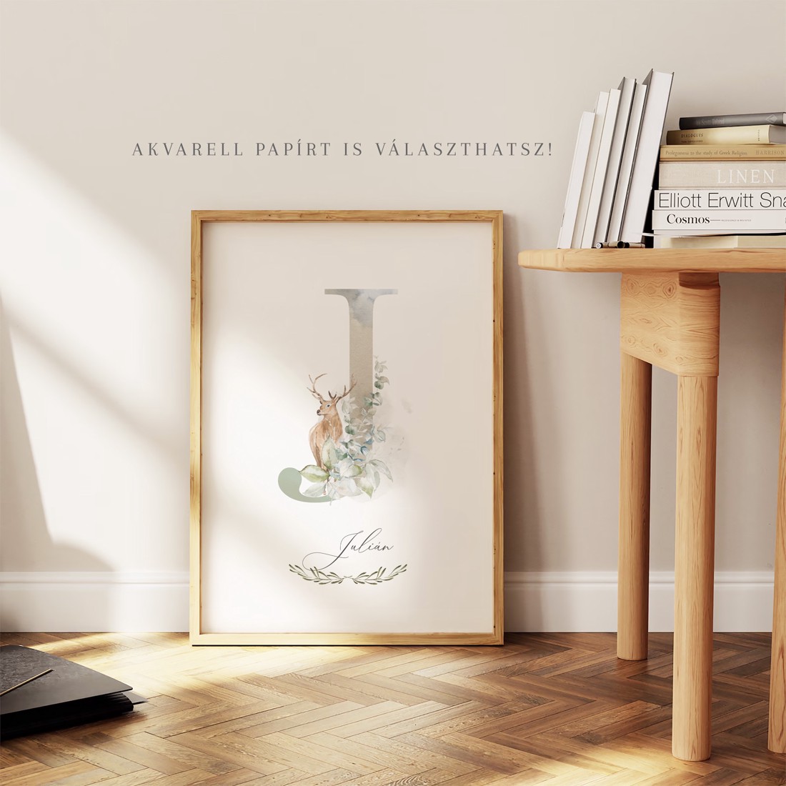 litera J, poster monogramă, imagine ziua numelui, decor, arta de perete verdeață, animal pădure -  - Artynos.ro