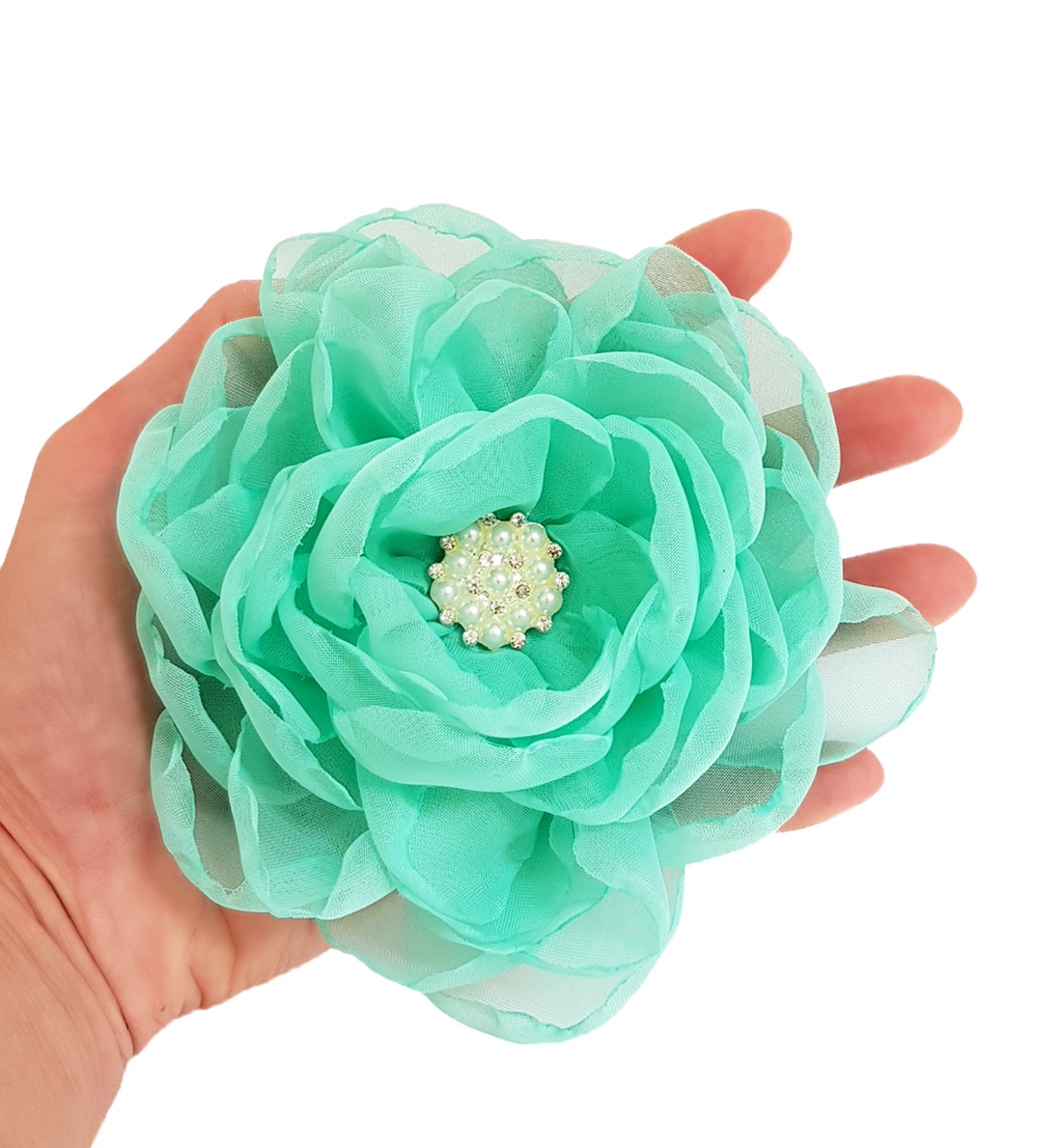 Floare verde-menta din chifon pentru par - îmbrăcăminte și modă - accesorii păr - flori pentru păr - Artynos.ro