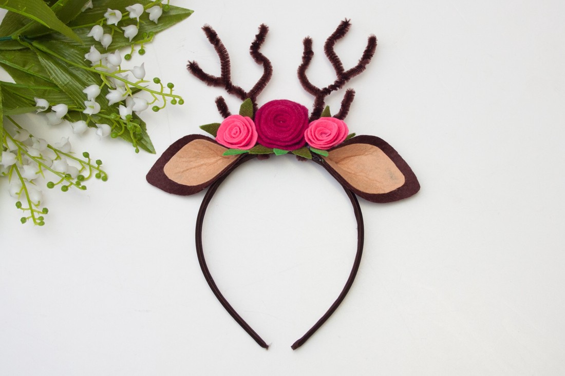 Accesoriu costum - Bentiță pentru căprioară Bambi, bentiță pentru păr cu bentiță pentru păr cu urechi, coarne, flori -  - Artynos.ro