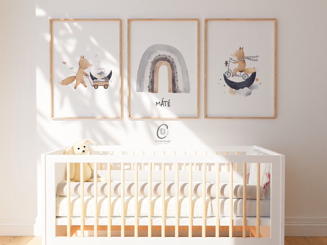 Imagine personalizată pentru camera copiilor, decorațiuni pentru camera bebelușului, vulpe, lună, curcubeu, set de artă de perete de 3 -  - Artynos.ro