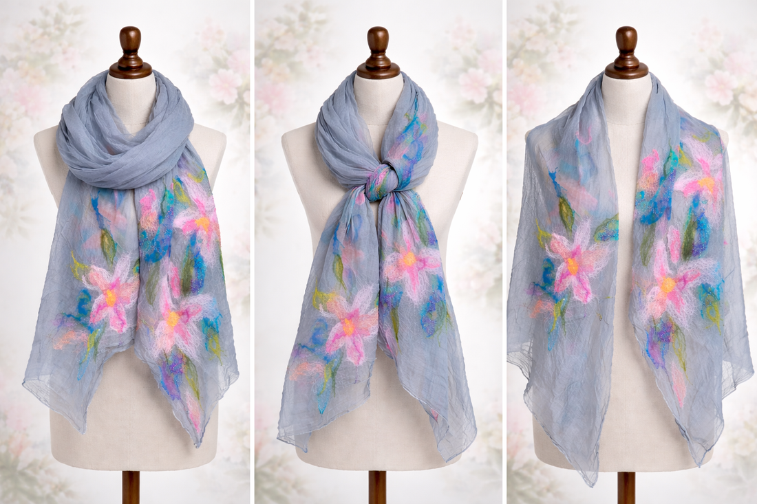 Eșarfă de mătase naturala împaslita  - îmbrăcăminte și modă - eșarfe, pălării, fularuri - șal, eșarfă de cap - Artynos.ro