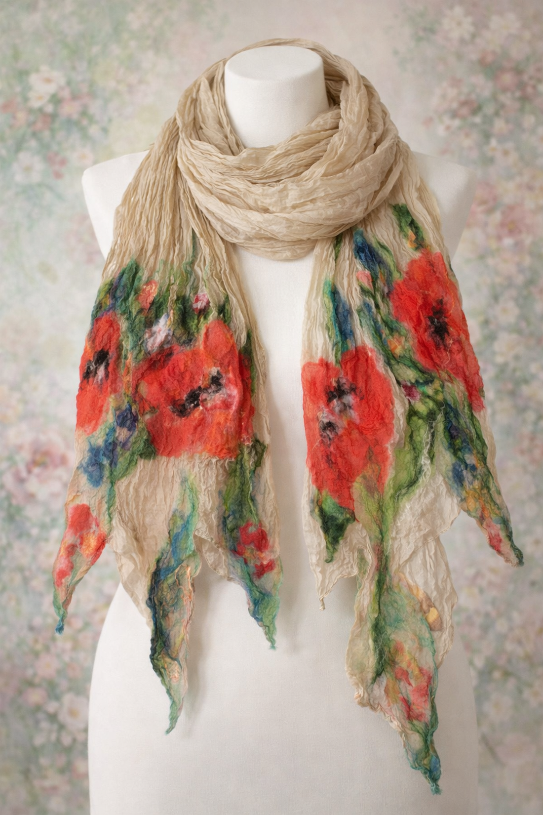 Eșarfă de mătase naturala împaslita cu flori de lana merinos  - îmbrăcăminte și modă - eșarfe, pălării, fularuri - eșarfe - Artynos.ro