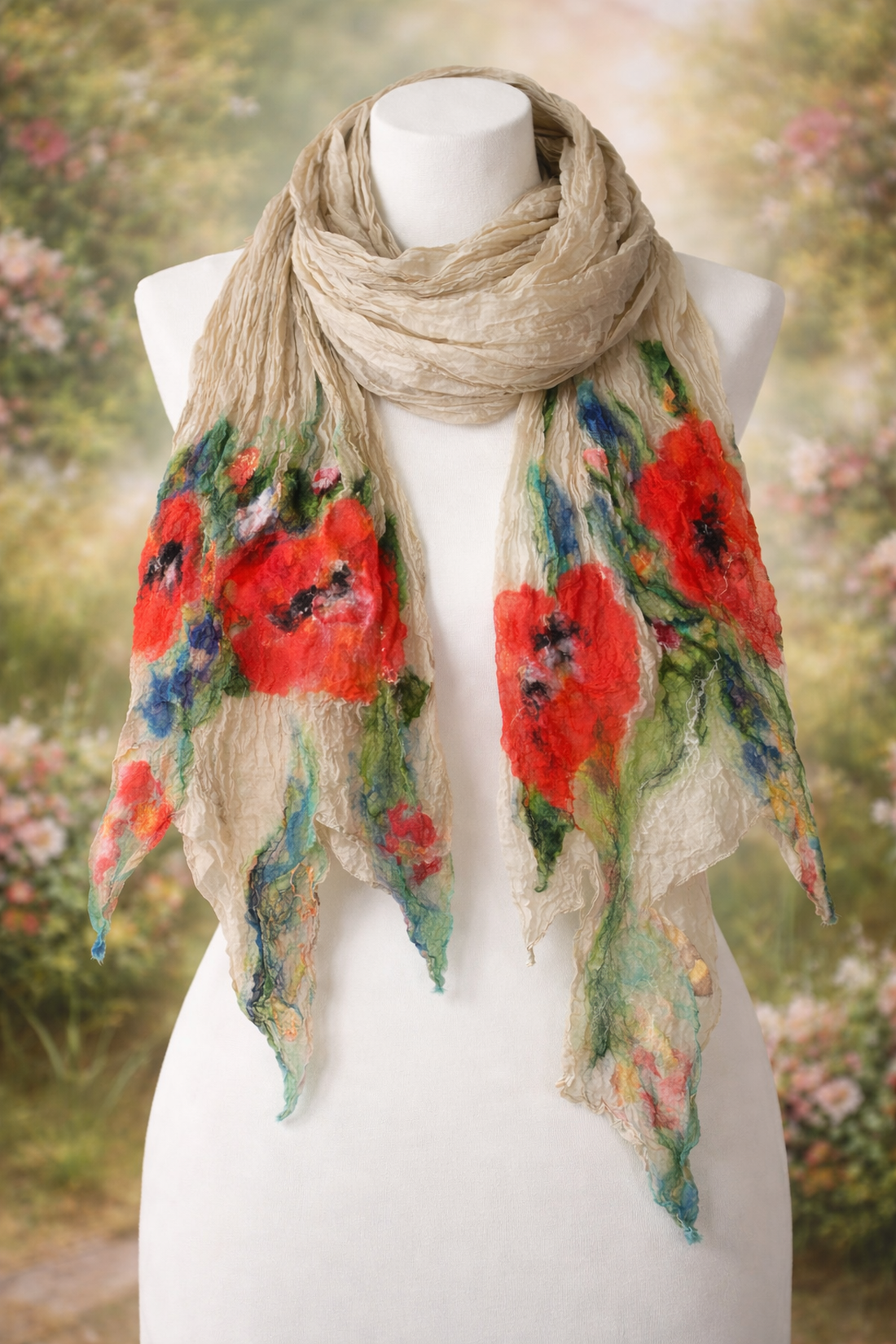 Eșarfă de mătase naturala împaslita cu flori de lana merinos  - îmbrăcăminte și modă - eșarfe, pălării, fularuri - eșarfe - Artynos.ro