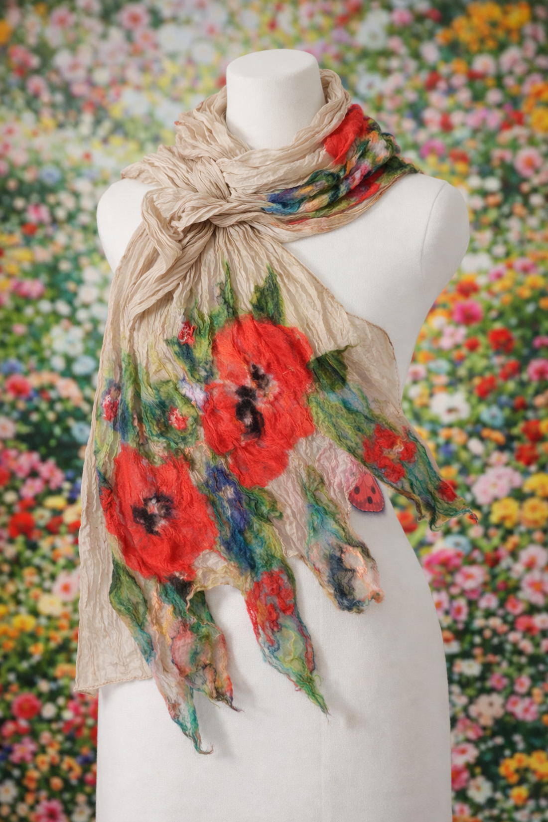 Eșarfă de mătase naturala împaslita cu flori de lana merinos  - îmbrăcăminte și modă - eșarfe, pălării, fularuri - eșarfe - Artynos.ro