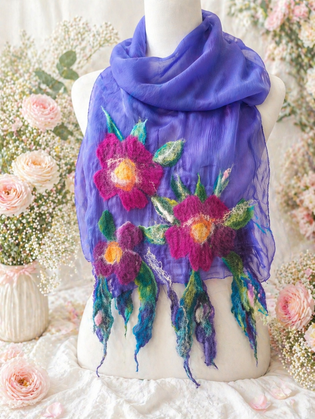 Eșarfă de mătase naturala împaslita cu flori de lana merinos  - îmbrăcăminte și modă - eșarfe, pălării, fularuri - eșarfe - Artynos.ro