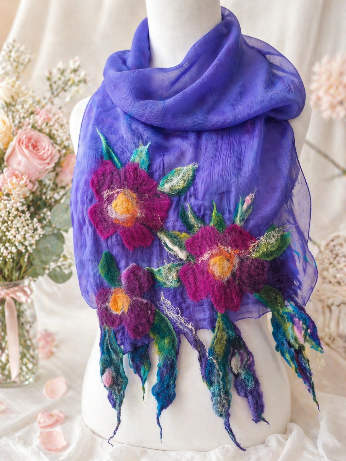 Eșarfă de mătase naturala împaslita cu flori de lana merinos  - îmbrăcăminte și modă - eșarfe, pălării, fularuri - eșarfe - Artynos.ro