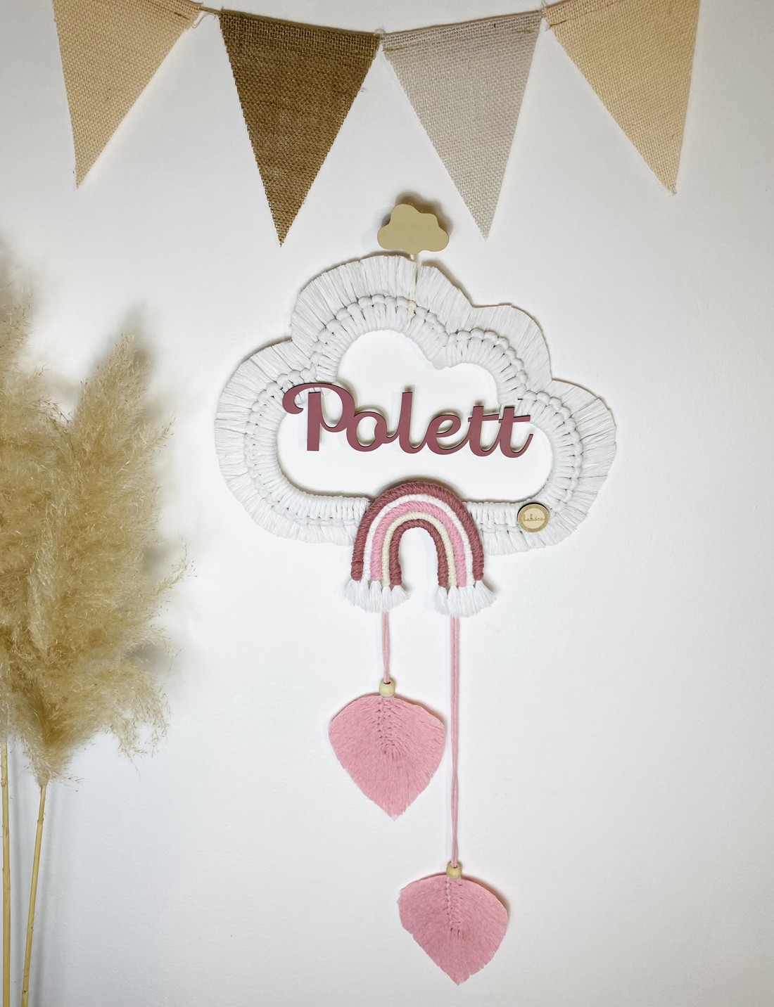 Decor de perete personalizat - nor macramé cu curcubeu și frunze (mic) - girly -  - Artynos.ro