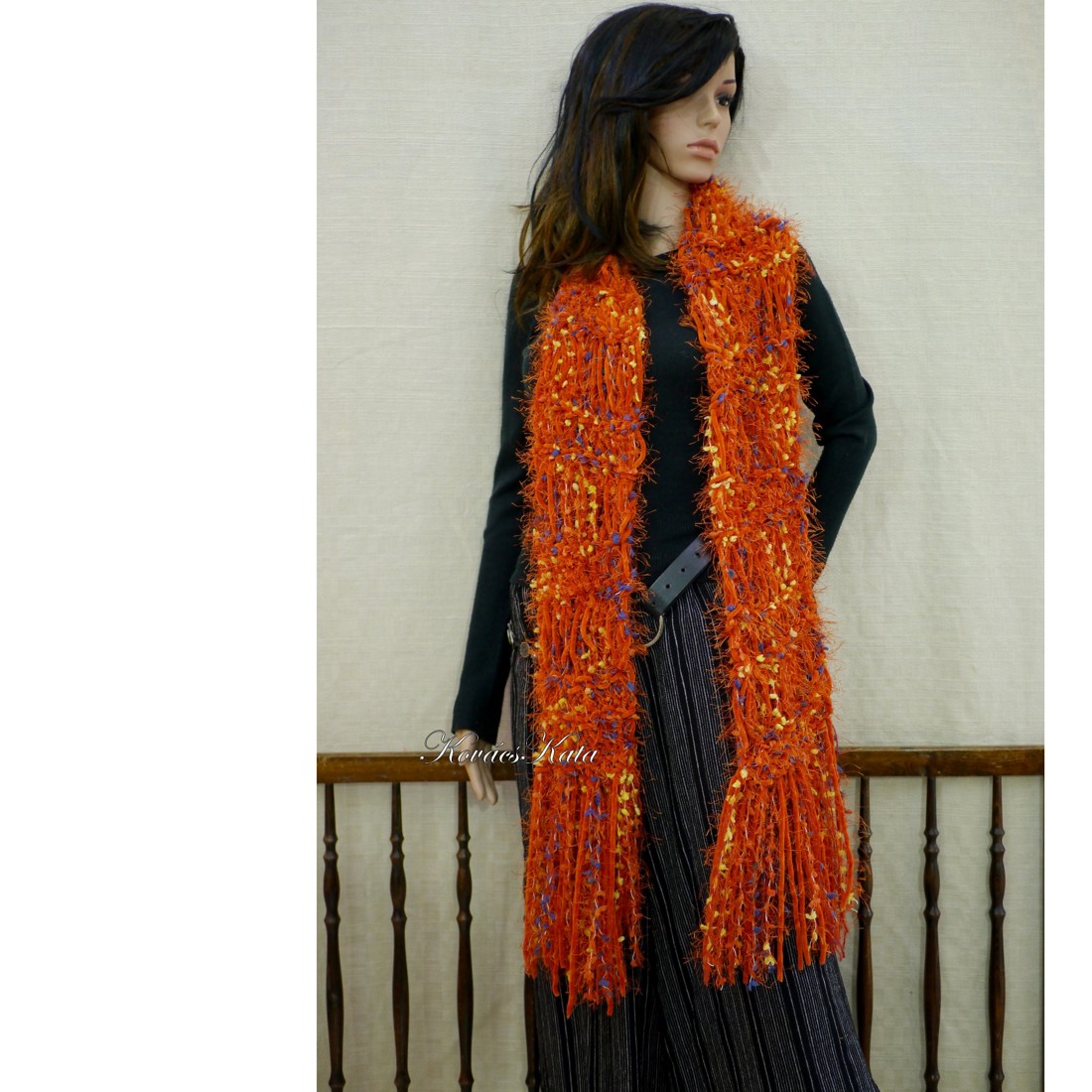 BOHO - eșarfă extra groasă tricotată manual cu franjuri lungi / portocaliu - îmbrăcăminte și modă - eșarfe, pălării, fularuri - eșarfe - Artynos.ro