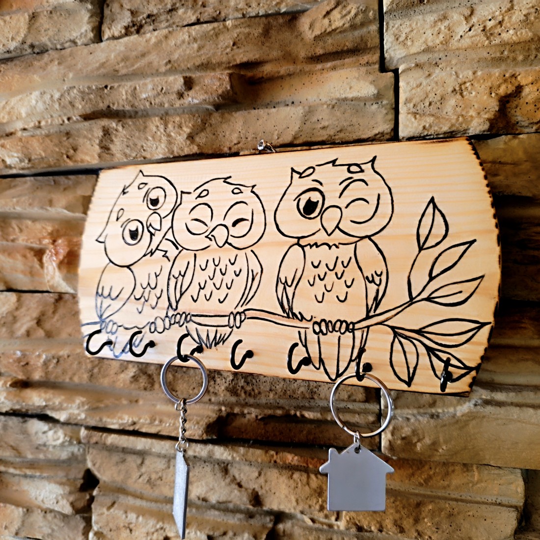 Suport de chei de perete în formă de bufniță, realizat manual  - casă & stil de viață - decorațiuni de casă - decorațiuni de pereți - suport pentru chei - Artynos.ro