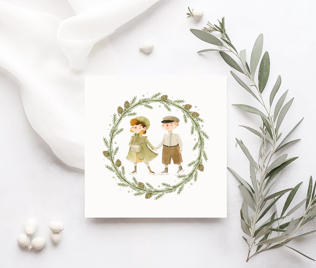 Carte poștală de Crăciun, felicitare pliabilă, etichete cadou, patinatori - - Artynos.ro Carte poștală de Crăciun, felicitare pliabilă, etichete cadou, patinatori - - Artynos.ro