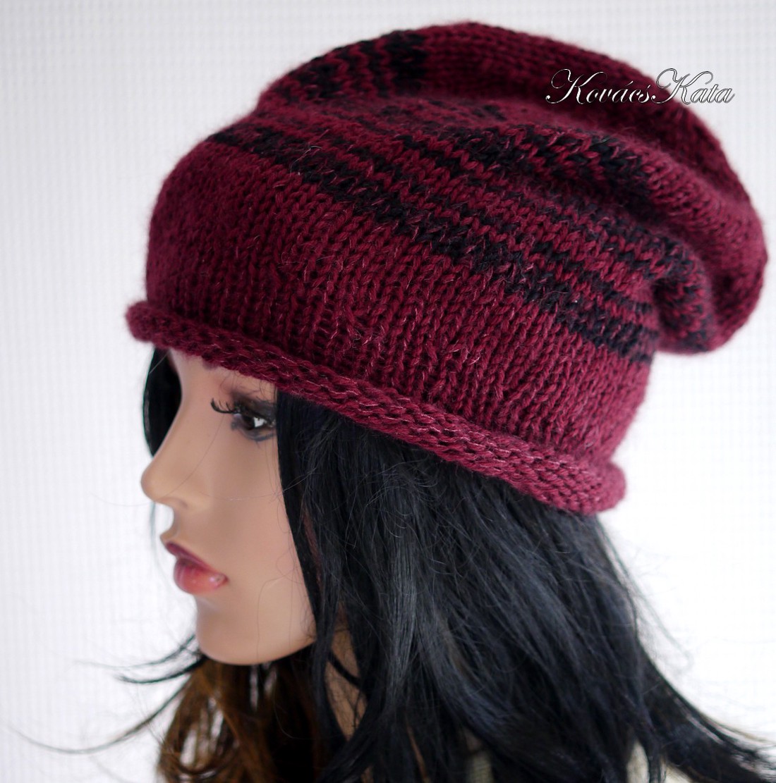 BEANIE LUX / camel - șapcă trendy tricotată manual camel-merino-kidmohair / burgundy+black - îmbrăcăminte și modă - eșarfe, pălării, fularuri - căciulă - Artynos.ro