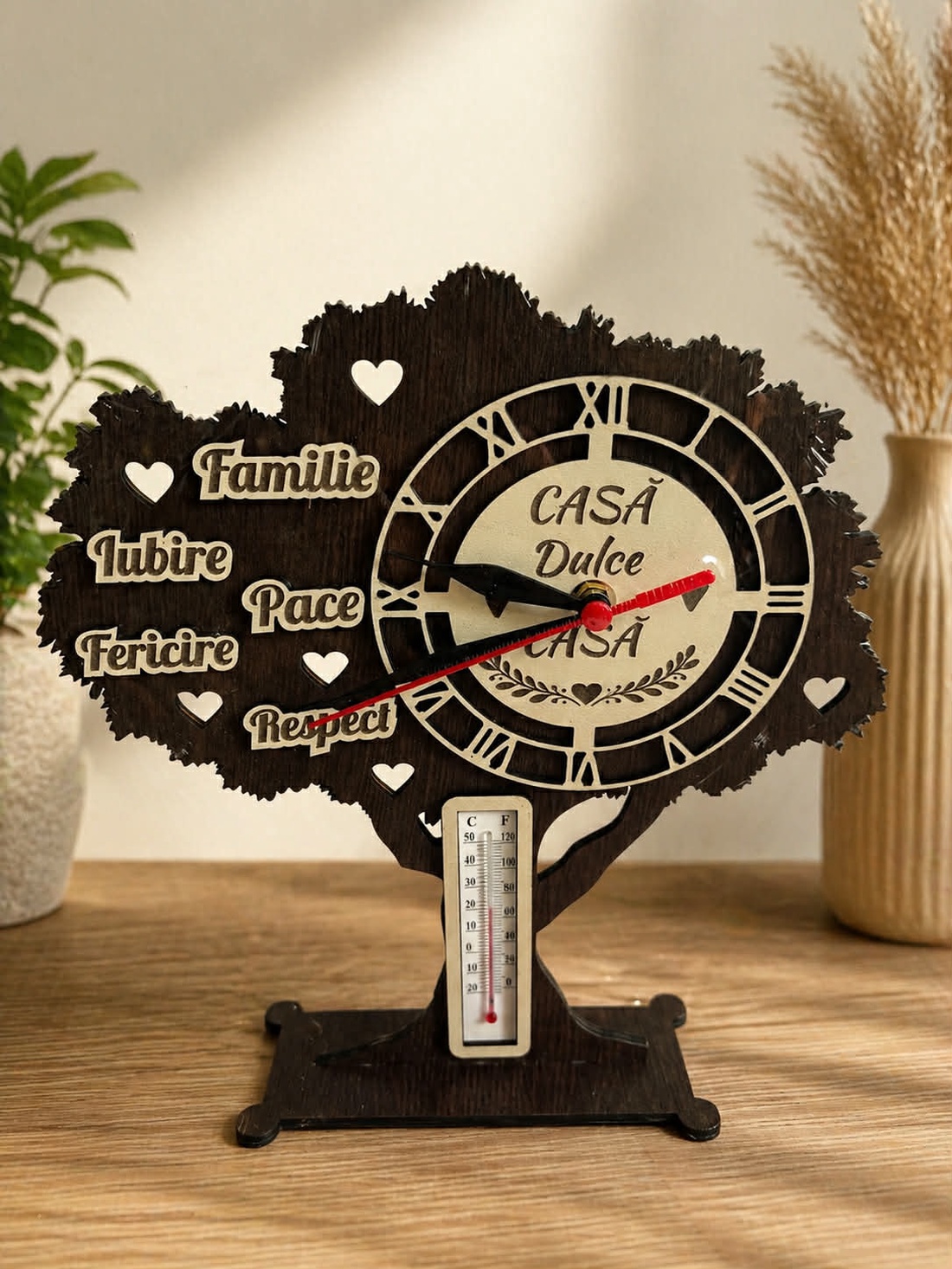 Ceas decorativ din lemn Casa Dulce cu termometru � design în formă de copac - casă & stil de viață - decorațiuni de casă - decorațiuni de masă și rafturi - decorațiuni de masă - Artynos.ro