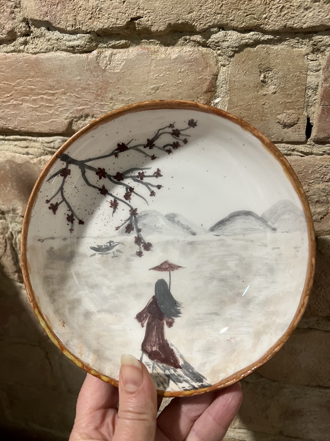 Farfurie ceramică pictată manual - peisaj oriental (17 cm) -  - Artynos.ro