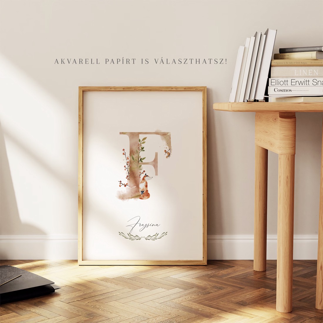 litera F, monogramă, imagine onomastică, decor, acuarelă artă de perete, personalizată, vulpe -  - Artynos.ro