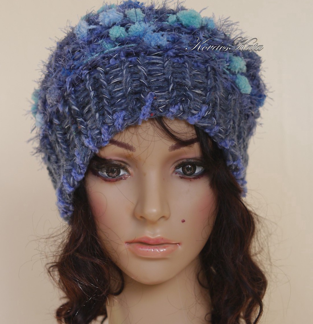 LUCA-SAPI / albastru - Șapcă din lână cu design boem tricotat manual - îmbrăcăminte și modă - eșarfe, pălării, fularuri - căciulă - Artynos.ro